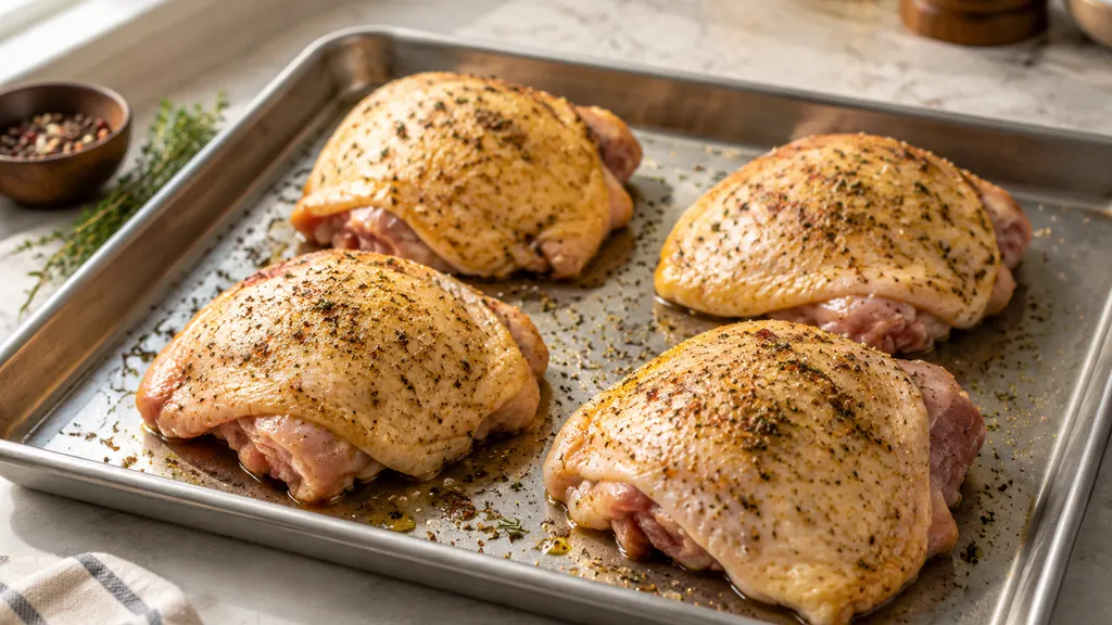 bone-in skin-on chicken thighs seasoned and skin-side up on a baking tray
