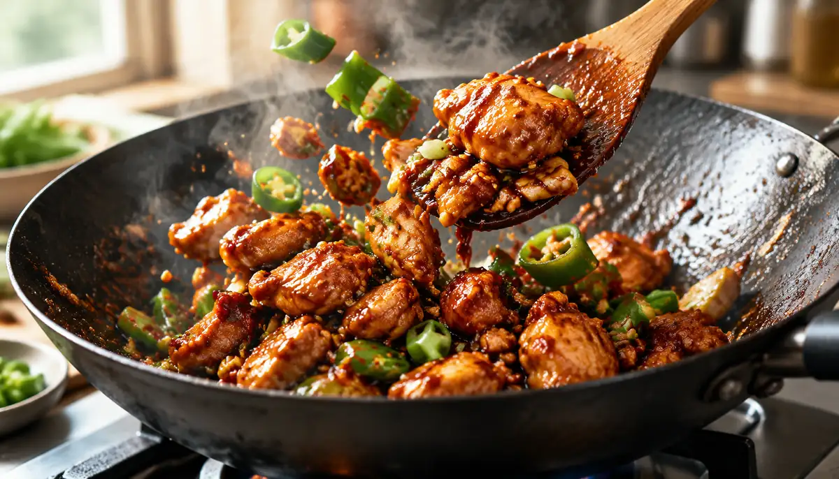 Chilli chicken being tossed in a wok with glossy red chilli-garlic sauce