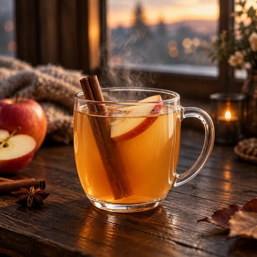 Heatproof glass mug of warm apple drink with a cinnamon stick and apple slice