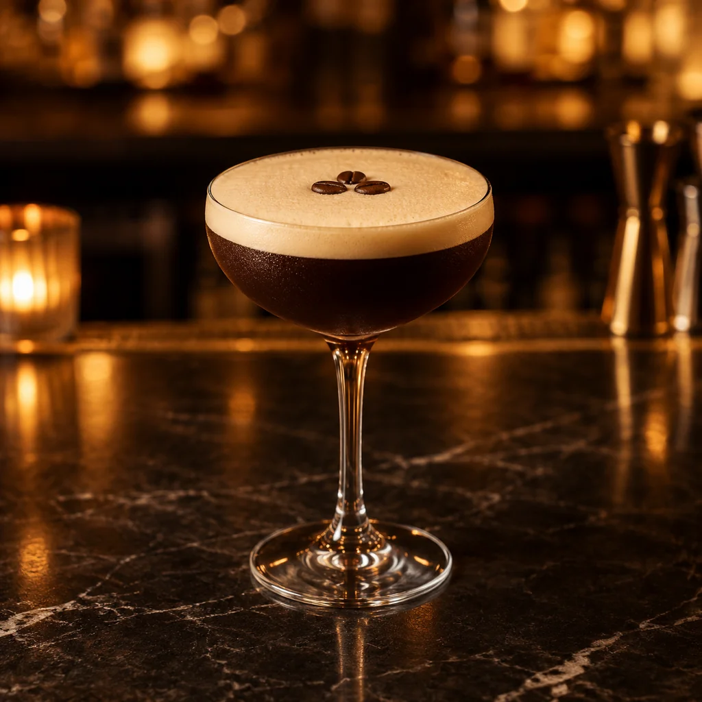 Espresso martini with a creamy foam top and three coffee beans in a coupe glass