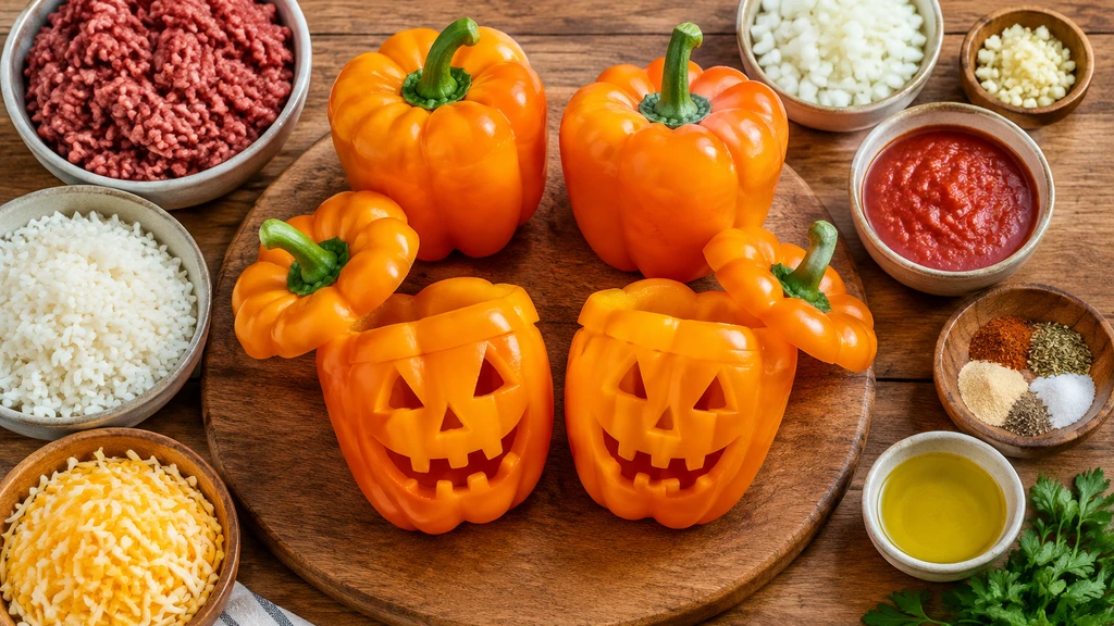 Orange bell peppers with faces carved and seeds removed