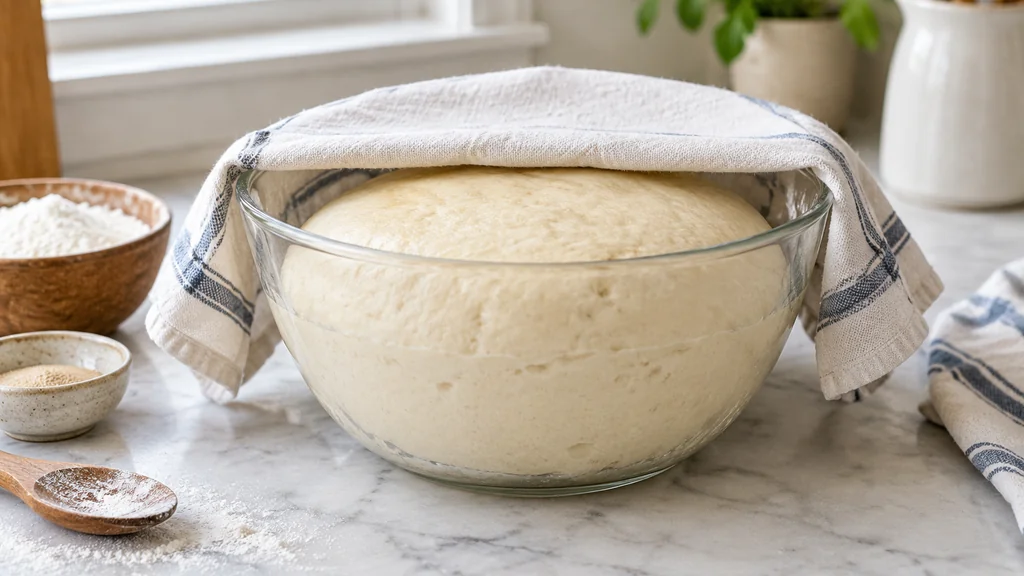 Warm milk, yeast and sugar stirred together in a large mixing bowl