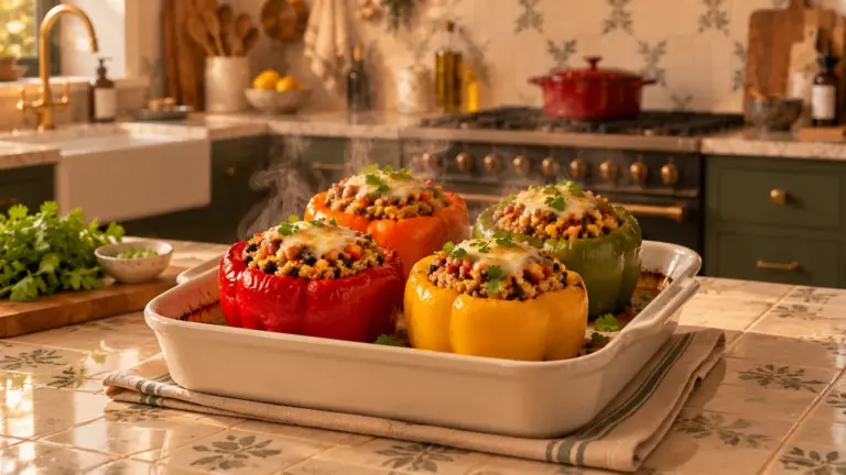 Four baked vegetarian stuffed bell peppers in a white dish on a tiled kitchen counter