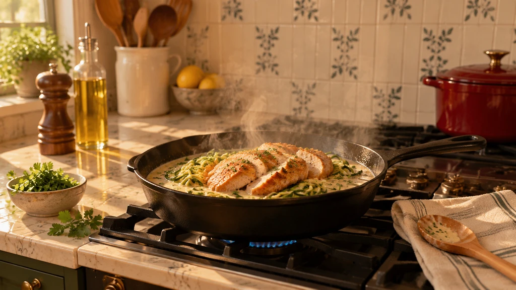 Skillet of sliced chicken in creamy cashew sauce over zucchini noodles