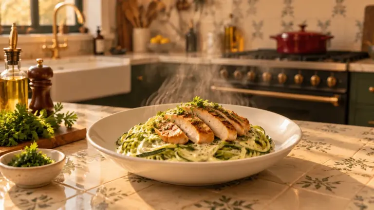 Bowl of paleo chicken alfredo with zucchini noodles, cashew sauce and sliced chicken