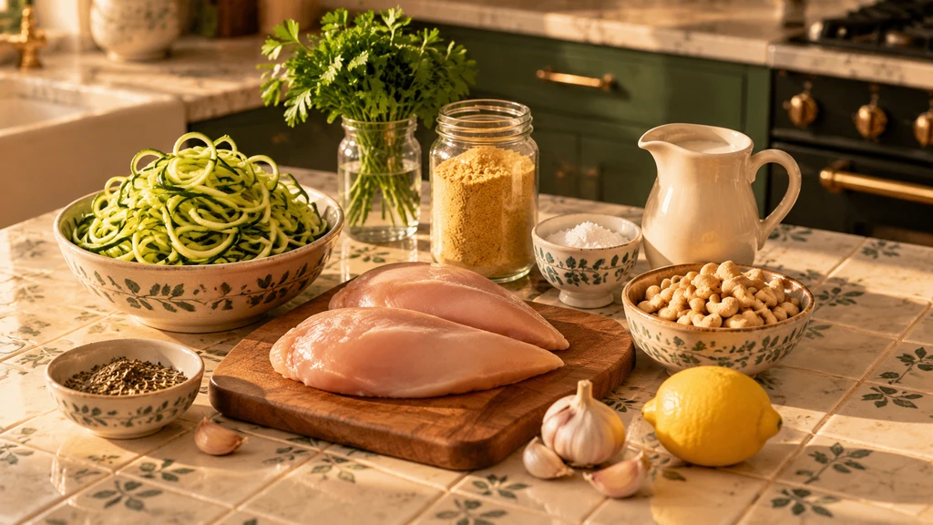 Ingredients for paleo chicken alfredo: zucchini, chicken, cashews, garlic and lemon