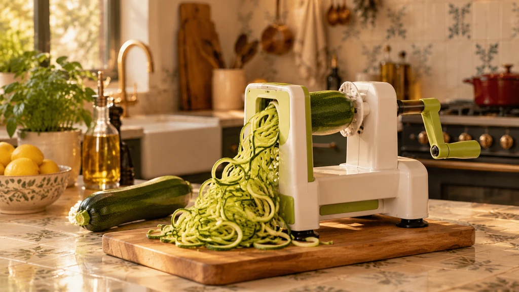 A spiralizer turning a zucchini into noodles on a wooden board