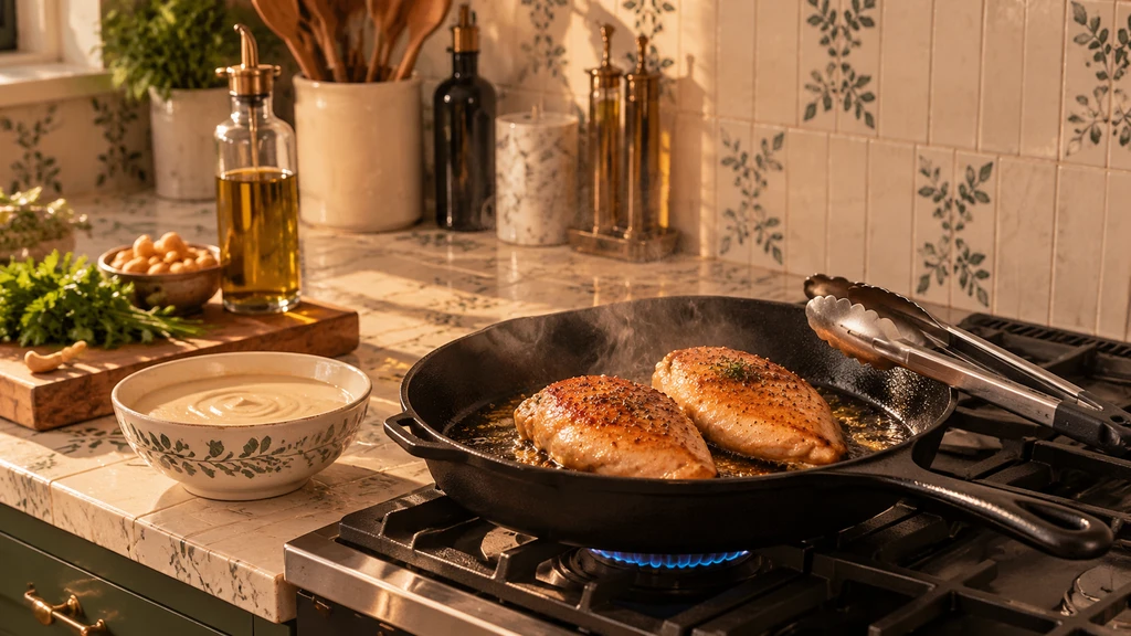 Chicken breasts searing in a black skillet next to a bowl of cashew sauce