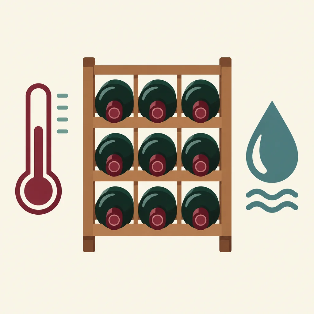 Wine rack illustration with a thermometer and humidity droplet