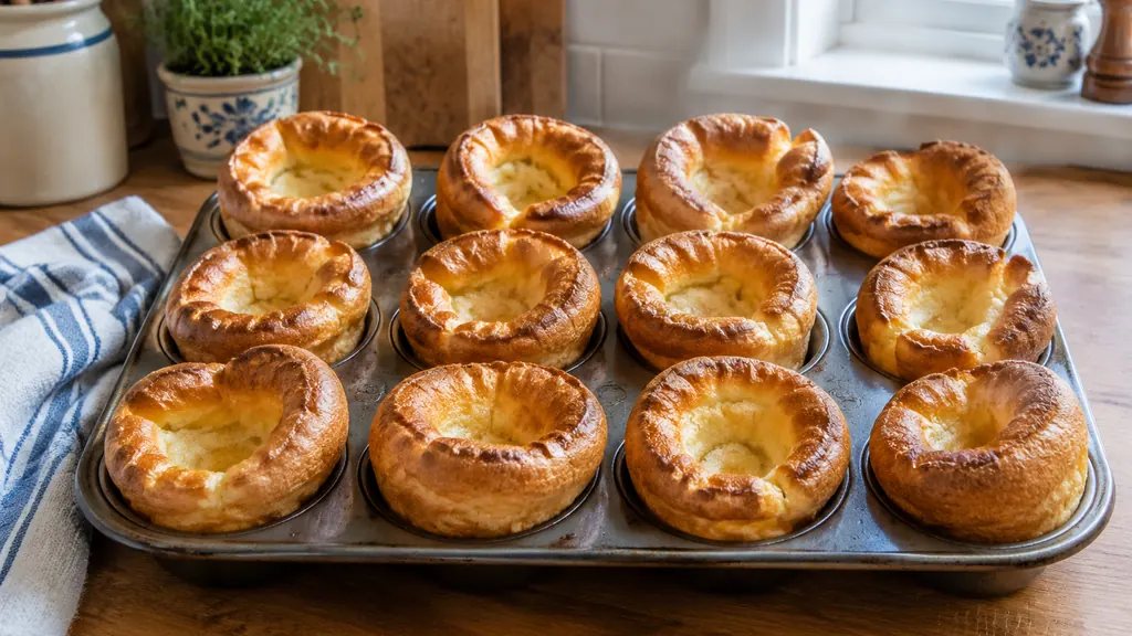 Risen golden Yorkshire puddings in a twelve-hole tin